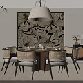 Elegant Private Dining Room Interior With Round Table Rattan Chairs Large Painting And Pendant Light