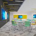 School Modern Classroom With Open Layout Desks Chairs Computers Screens And Yellow Decorative Lines