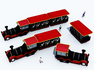 Miniature Vintage Train With Red Roof Black Body And People Nearby 3d model