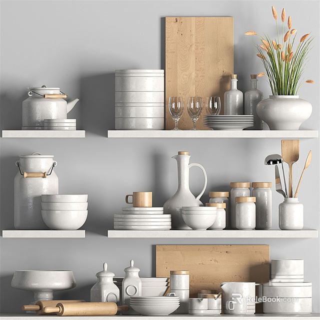 White Kitchen Shelves Displaying Various Kitchenware Plates Bowls Jars And Utensils 3d model 