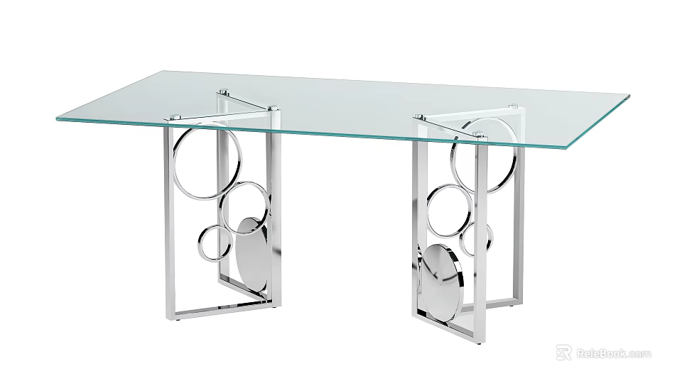 Modern Dining Table Featuring Clear Glass Top And Silver Metal Circular Legs 3d model 