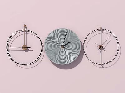 Three Modern Wall Clocks With Abstract Line Designs On Soft Pink Wall 3d model