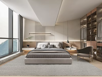 Modern Bedroom with Large Windows Mountain View Comfortable Bed Side Tables Lamp and Patterned Rug 3d model