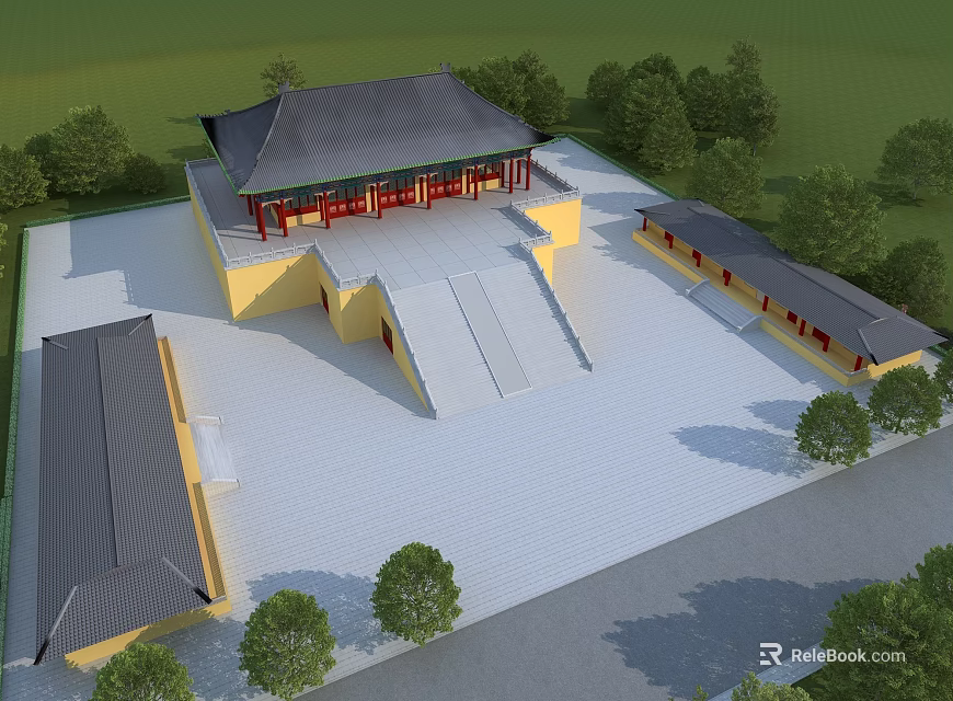 Aerial Planning of Traditional Chinese Architecture with Yellow Walls Black Roofs Open Square and Trees 3d model 