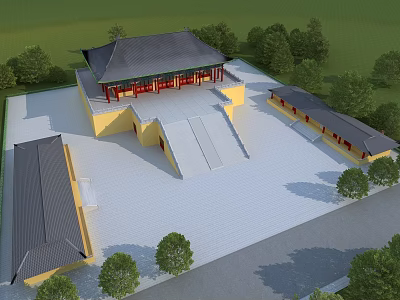 Aerial Planning of Traditional Chinese Architecture with Yellow Walls Black Roofs Open Square and Trees 3d model