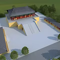 Aerial Planning of Traditional Chinese Architecture with Yellow Walls Black Roofs Open Square and Trees