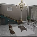 Luxurious Hall Interior With Chandelier Double Staircase Sofa Armchairs And Marble Floor
