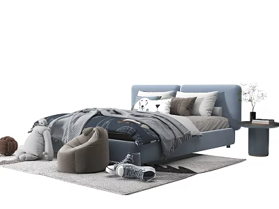 Cozy Blue Kids Bed With Soft Pillows Blanket And Plush Toys On Carpet 3d model