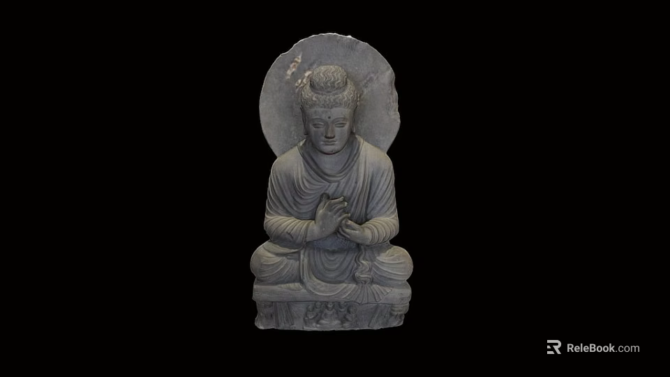 Stone Buddha Statue Sculpture Carving with Sitting Posture Halo Clasped Hands and Base Details 3d model 