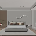 Modern Minimalist Bedroom With Curved LED Light White Bed Wooden Wardrobe And Window Sofa