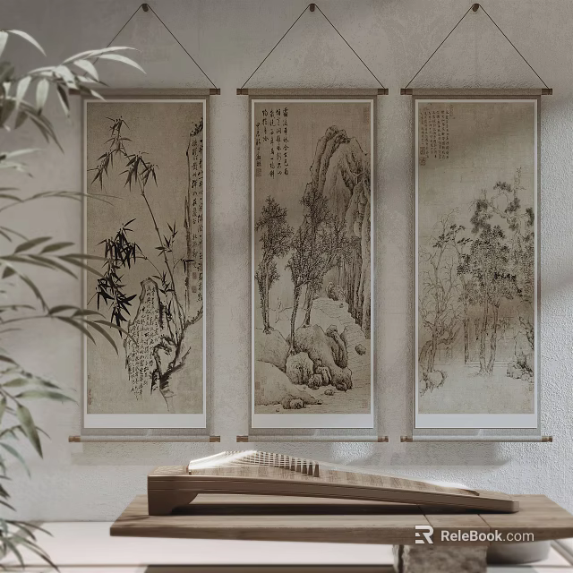 Traditional Chinese Scroll Paintings Featuring Bamboo Landscape and Trees in Interior 3d model 