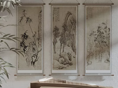 Traditional Chinese Scroll Paintings Featuring Bamboo Landscape and Trees in Interior 3d model