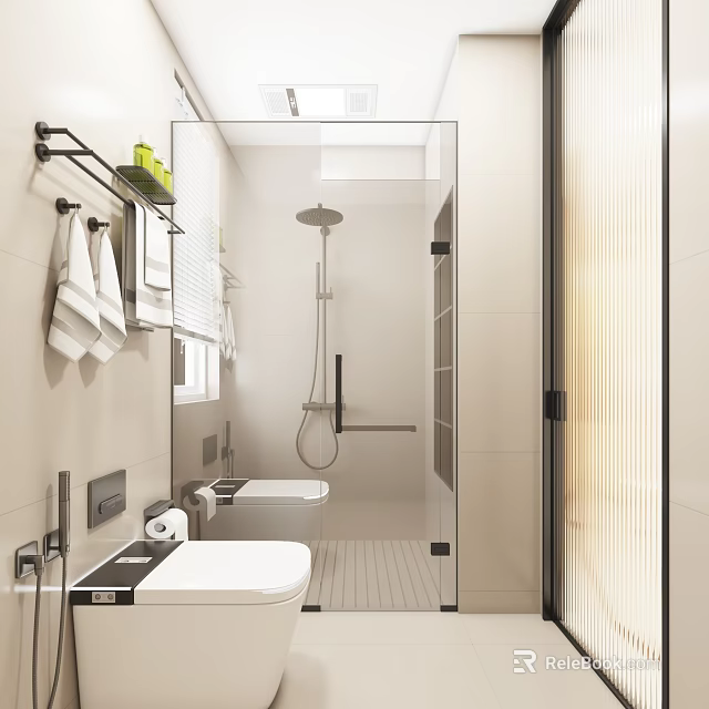 Modern Minimalist Bright Beige Bathroom Interior Design With Clear Glass Shower Area And Smart Toilet 3d model 