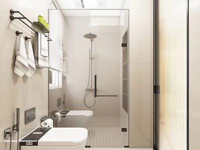 Modern Minimalist Bright Beige Bathroom Interior Design With Clear Glass Shower Area And Smart Toilet 3d model