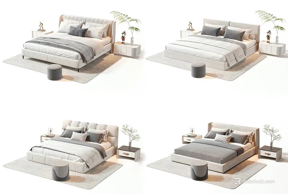 Modern Double Bed Interior Design With Nightstand Pillows Rug And Plant 3d model 