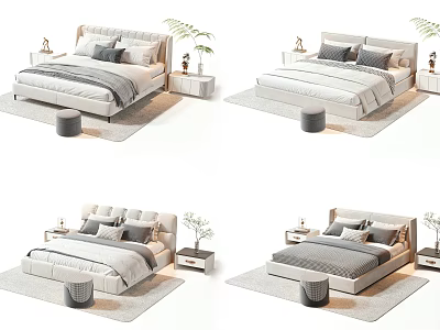 Modern Double Bed Interior Design With Nightstand Pillows Rug And Plant 3d model