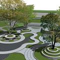 Garden Landscape Design With Winding Paths Circular Platforms Lush Lawns And Trees 3d model