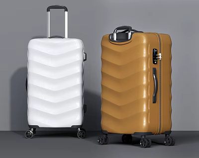 White And Brown Hard Shell Suitcases With Wavy Pattern Telescopic Handle And Wheels 3d model