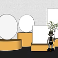 Round White Ceiling Lights on Yellow Display Pedestals with Decorative Figurine and Small Tree