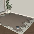 Beige Square Area Rug With White Gray Leaf Pattern On Wooden Floor Near Window Plant