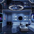 Futuristic Cyberpunk Bar Interior With Tech Lighting Seating And Pipes 3d model