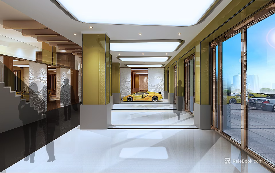 Modern Entrance Hall Interior Design With Yellow Sports Car Glass Doors And Marble Floor 3d model 