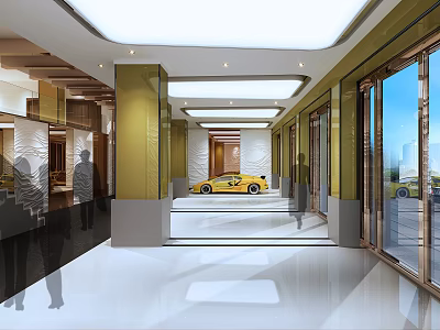 Modern Entrance Hall Interior Design With Yellow Sports Car Glass Doors And Marble Floor 3d model