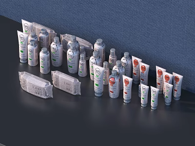 Perfume Cosmetics Bottles Tubes Different Shapes Sizes White Green Labels On Dark Table Blue Wall 3d model