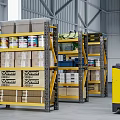 Industrial Metal Storage Racks In Warehouse With Organized Boxes Cans And Forklift