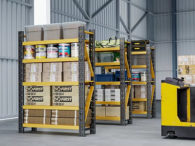 Industrial Metal Storage Racks In Warehouse With Organized Boxes Cans And Forklift 3d model