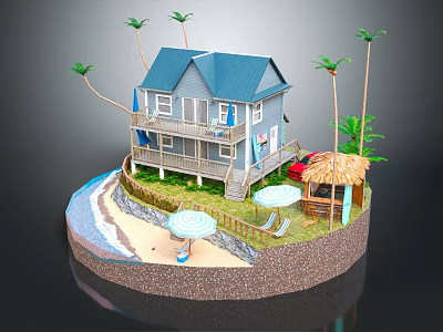 Cartoon Scene of Blue Roof Beach House with Palm Trees Waves Umbrella and Deck Chairs 3d model