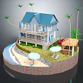 Cartoon Scene of Blue Roof Beach House with Palm Trees Waves Umbrella and Deck Chairs