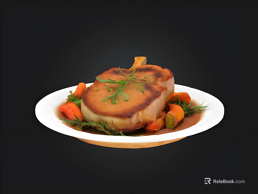 Seared Meat Steak on White Plate with Carrots and Vegetables Topped with Fresh Herb Garnish 3d model 