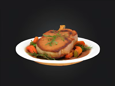Seared Meat Steak on White Plate with Carrots and Vegetables Topped with Fresh Herb Garnish 3d model