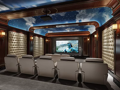 Luxurious Home Theater Interior With Comfortable Seats Large Screen And Starry Ceiling 3d model