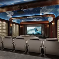Luxurious Home Theater Interior With Comfortable Seats Large Screen And Starry Ceiling 3d model
