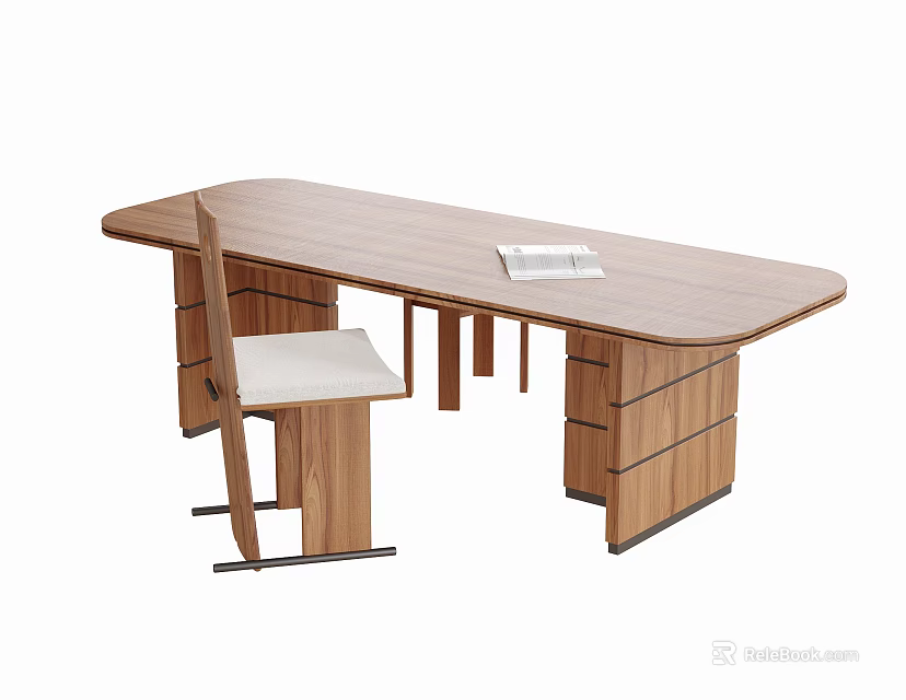 Modern Wooden Writing Desk With Oval Top Chair Open Book And Drawers 3d model 