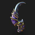 Curved Blade Weapon with Purple Gold Decorative Accents Ornate Design and Gemstone Handle