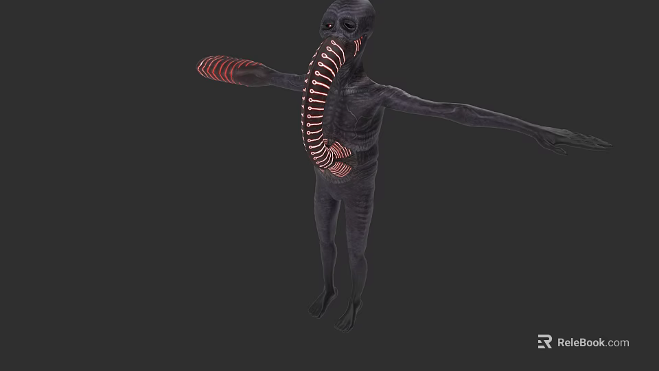 Mysterious Alien Creature With Black Body Red Stripes Tubular Structure And Outstretched Arms 3d model 