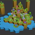 Cartoon Scene With Island Yellow Hills Green Trees Blue Water Small Houses And Characters