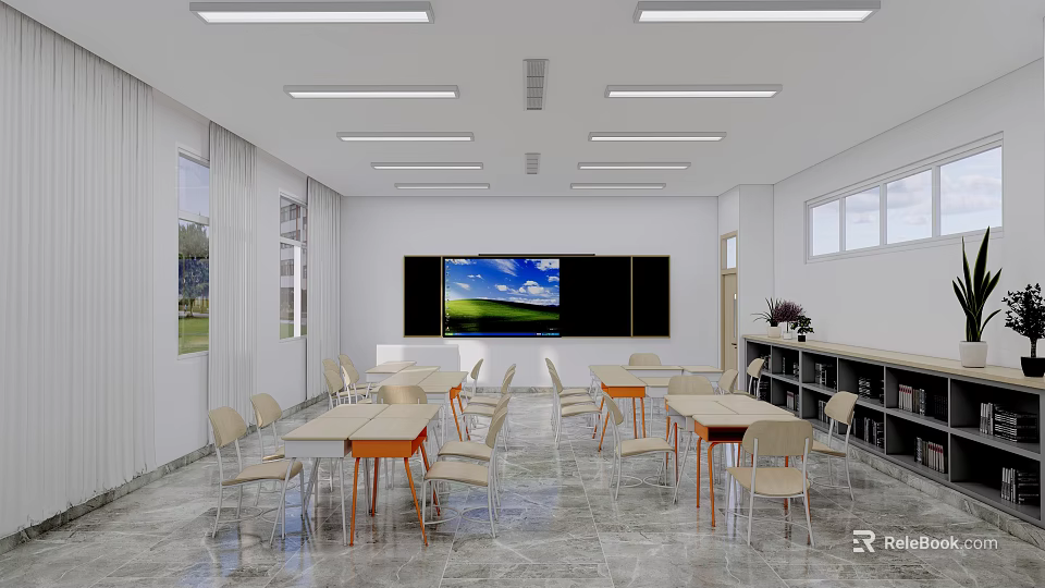 School Classroom Interior With Tables Chairs Blackboard TV Screen And Bookshelves 3d model 