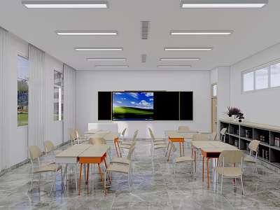 School Classroom Interior With Tables Chairs Blackboard TV Screen And Bookshelves 3d model