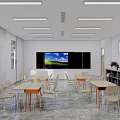 School Classroom Interior With Tables Chairs Blackboard TV Screen And Bookshelves