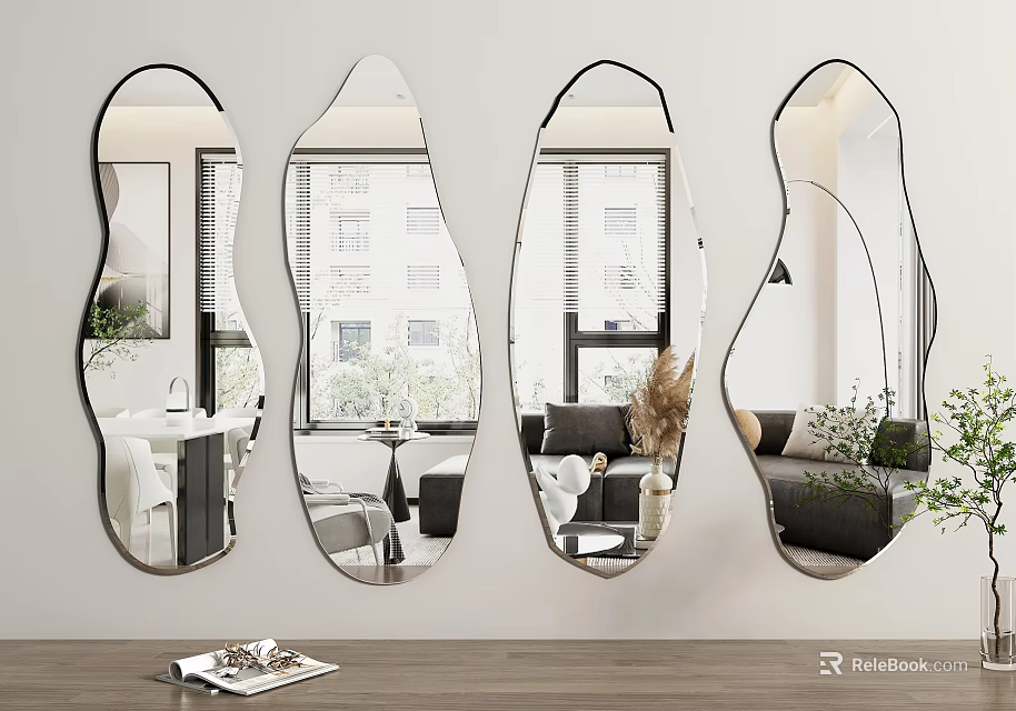 Various Shapes Wall Mounted Mirrors With Interior Room Sofa And Plant Reflections 3d model