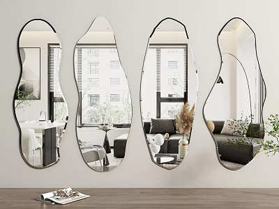 Various Shapes Wall Mounted Mirrors With Interior Room Sofa And Plant Reflections 3d model