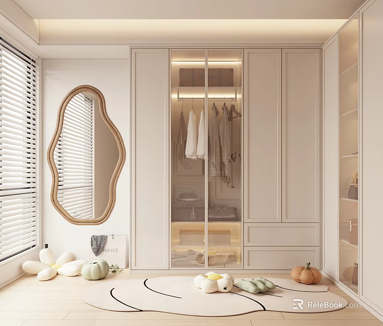 Modern White Glass Door Wardrobe with Mirror Clothing Storage and Pumpkin Decor Round Rug 3d model 