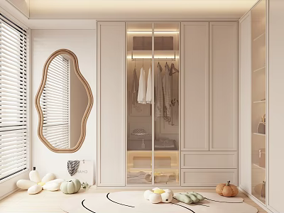 Modern White Glass Door Wardrobe with Mirror Clothing Storage and Pumpkin Decor Round Rug 3d model