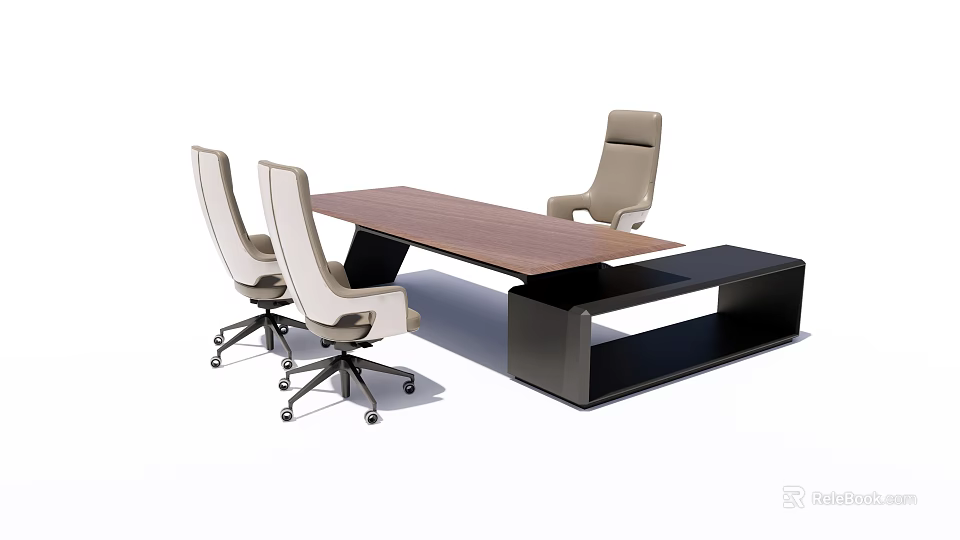 Modern Wooden Office Desk With Ergonomic Chairs And Black Side Table 3d model 