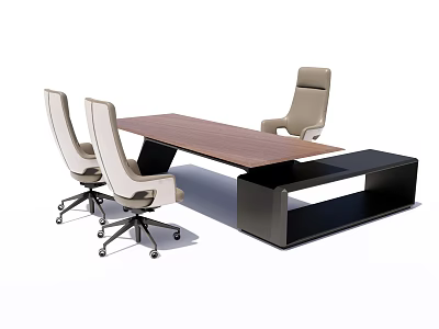 Modern Wooden Office Desk With Ergonomic Chairs And Black Side Table 3d model