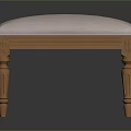 Wooden Stool With Upholstered Light Colored Fabric Seat And Carved Legs